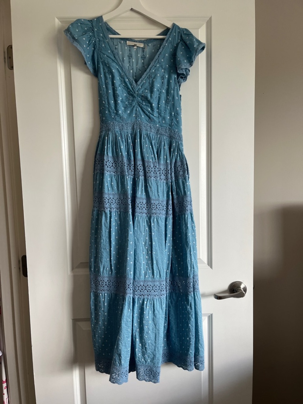LoveShackFancy Blue Tiered Maxi Dress with V‑Neck and Lace Trim